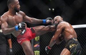 SALT LAKE CITY, UTAH - AUGUST 20: (L-R) Leon Edwards of Jamaica lands a head kick to Kamaru Usman of Nigeria in the UFC welterweight championship fight during the UFC 278 event at Vivint Arena on August 20, 2022 in Salt Lake City, Utah. (Photo by Chris Unger/Zuffa LLC)